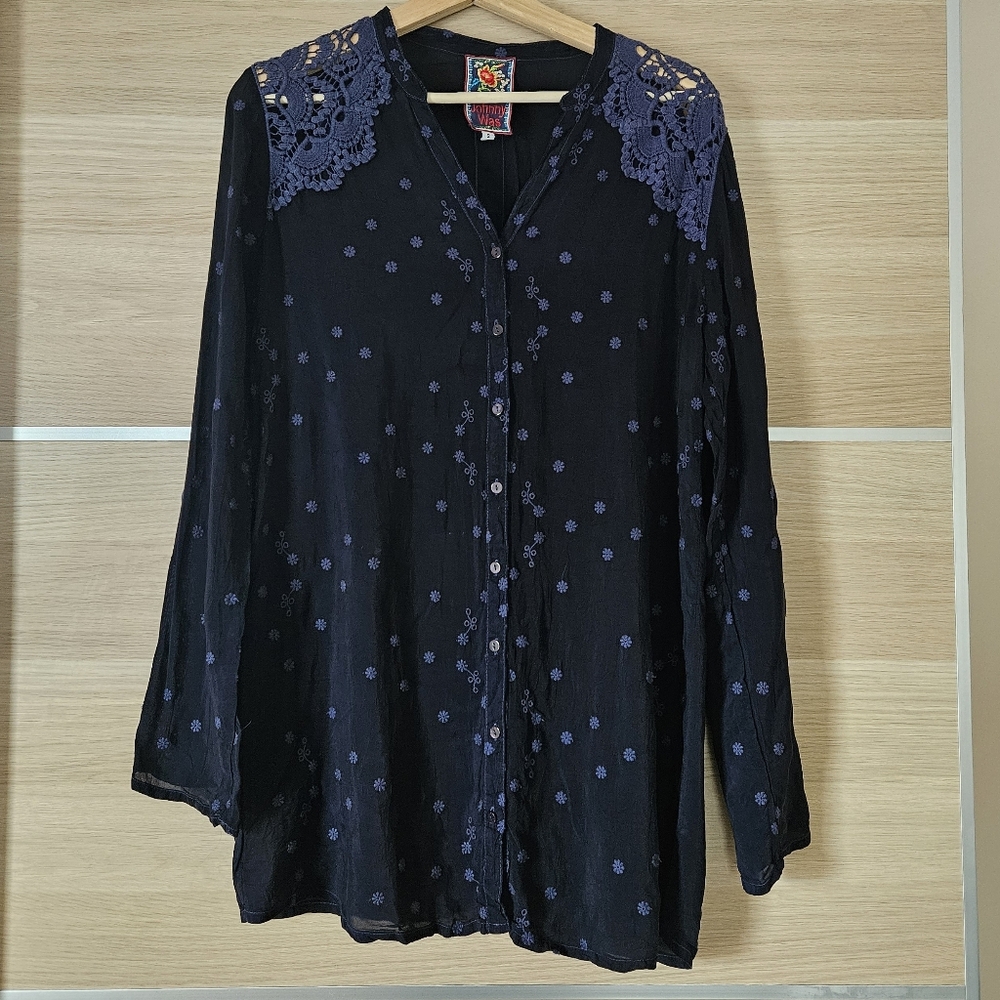 Johnny Was Boho Embroidered Cupra Blouse Crochet Lace Shoulders Size S